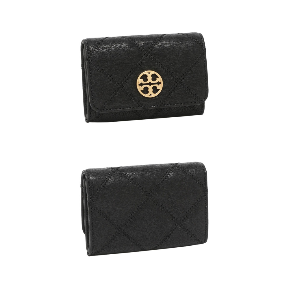 【TORY BURCH】高質感真皮菱格紋翻蓋零錢包-黑-細節圖3