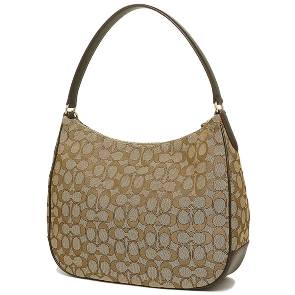 【COACH】滿版LOGO織布拼接皮革肩背包-卡其咖-細節圖2