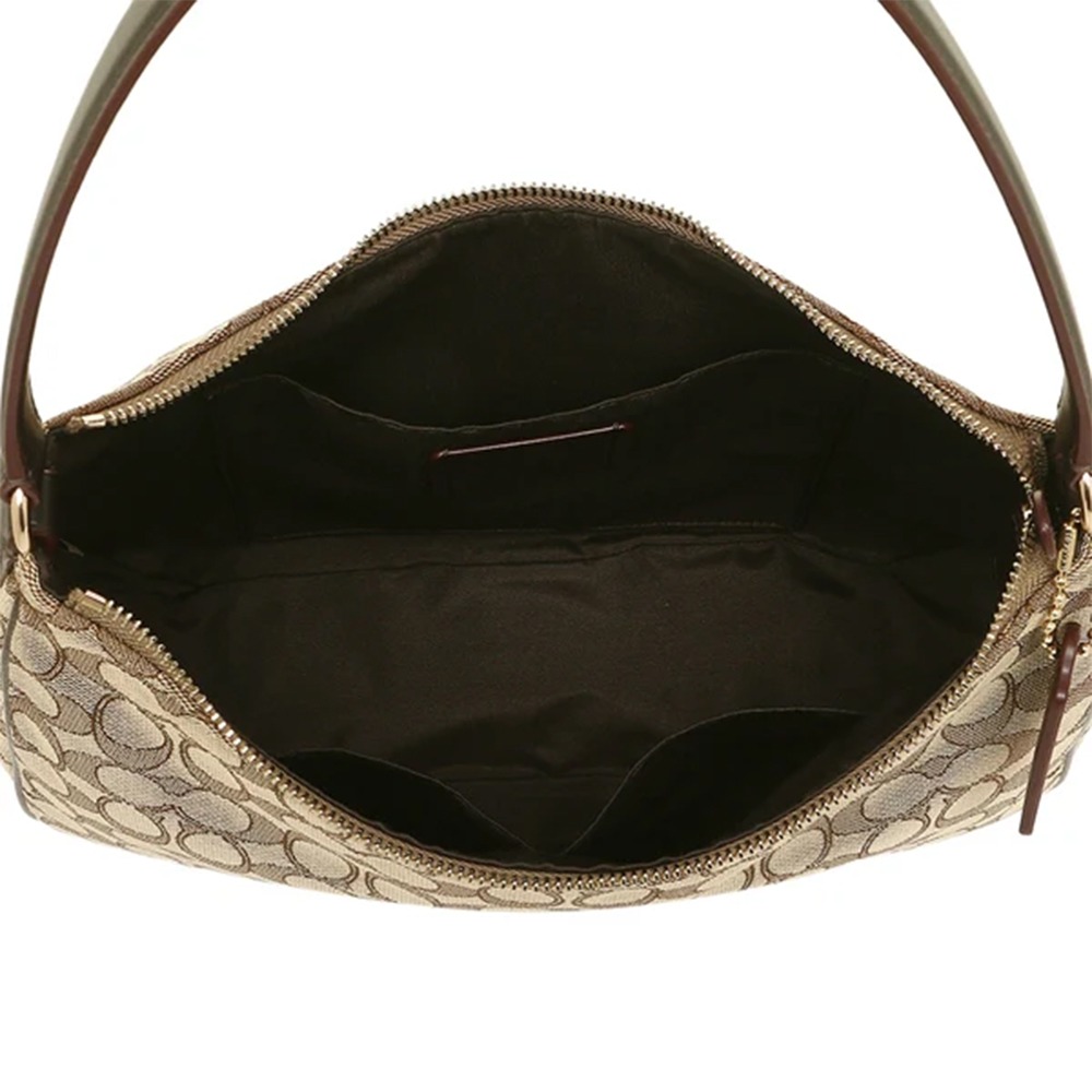 【COACH】滿版LOGO織布拼接皮革肩背包-卡其咖-細節圖3