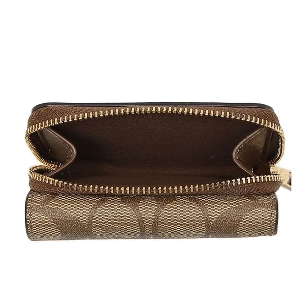 【COACH】拼接皮革拉鍊零錢短夾-卡其駝-細節圖4