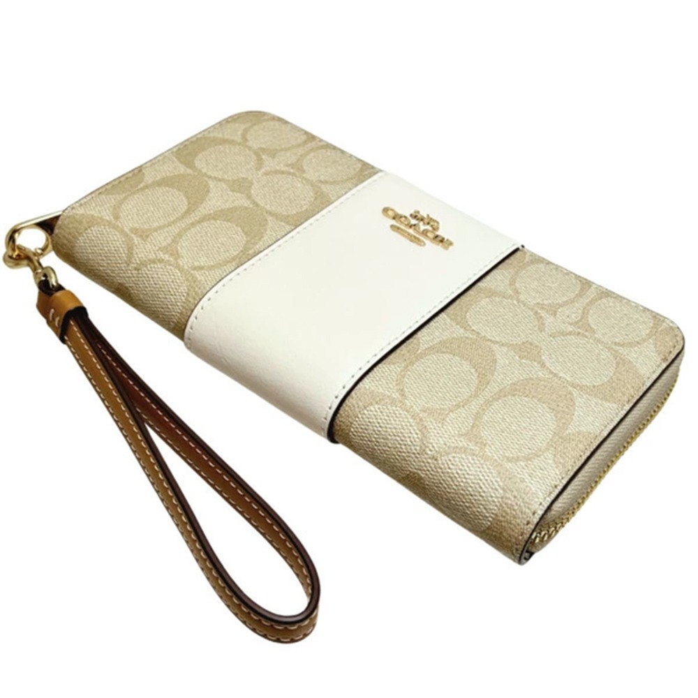 【COACH】滿版LOGO防刮皮革長夾-卡其白-細節圖2