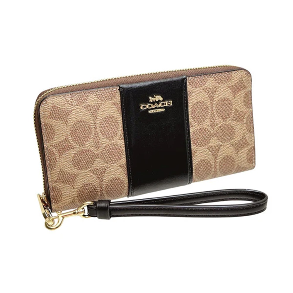 【COACH】條紋拼接皮革拉鍊皮夾-卡其黑-細節圖2