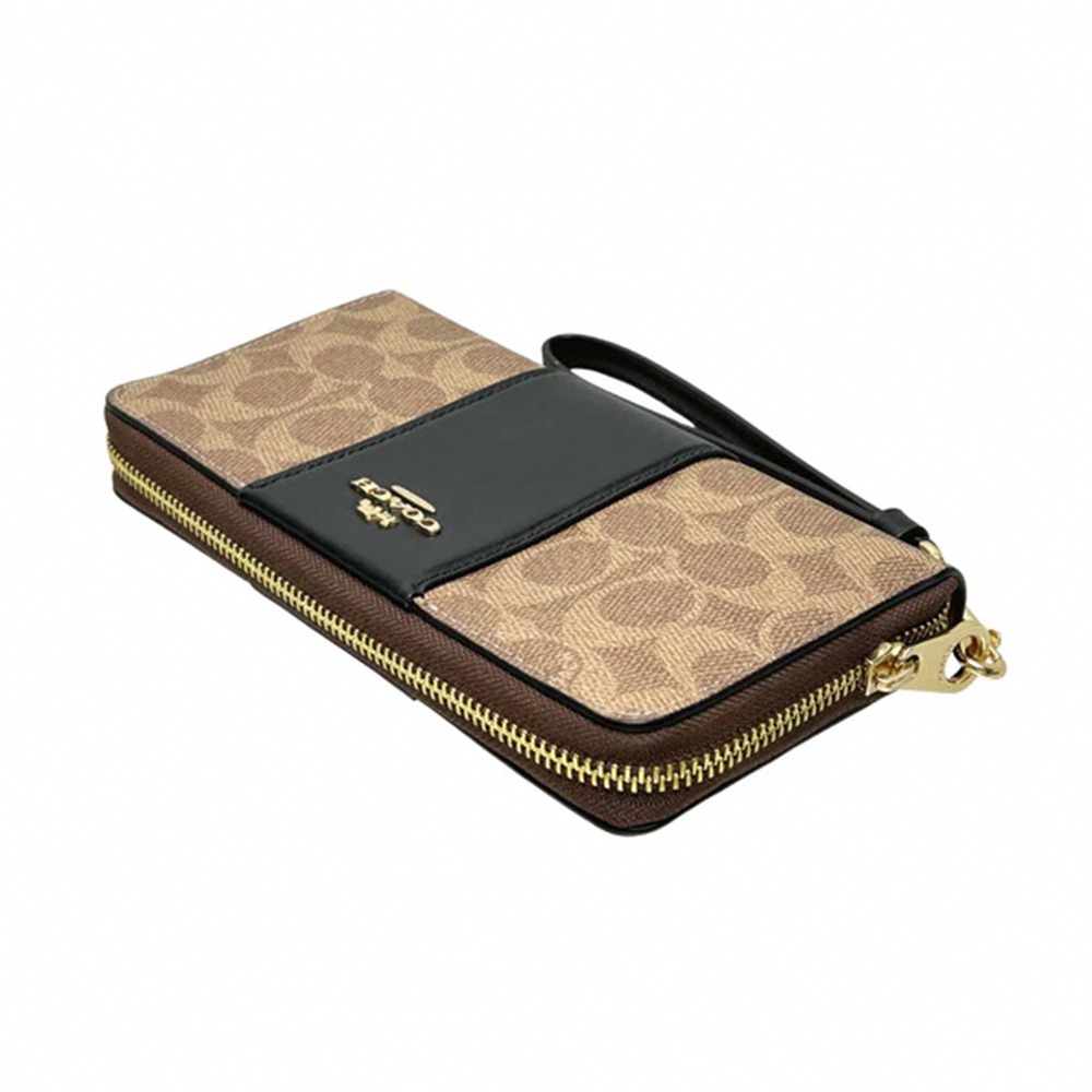 【COACH】條紋拼接皮革拉鍊皮夾-卡其黑-細節圖3