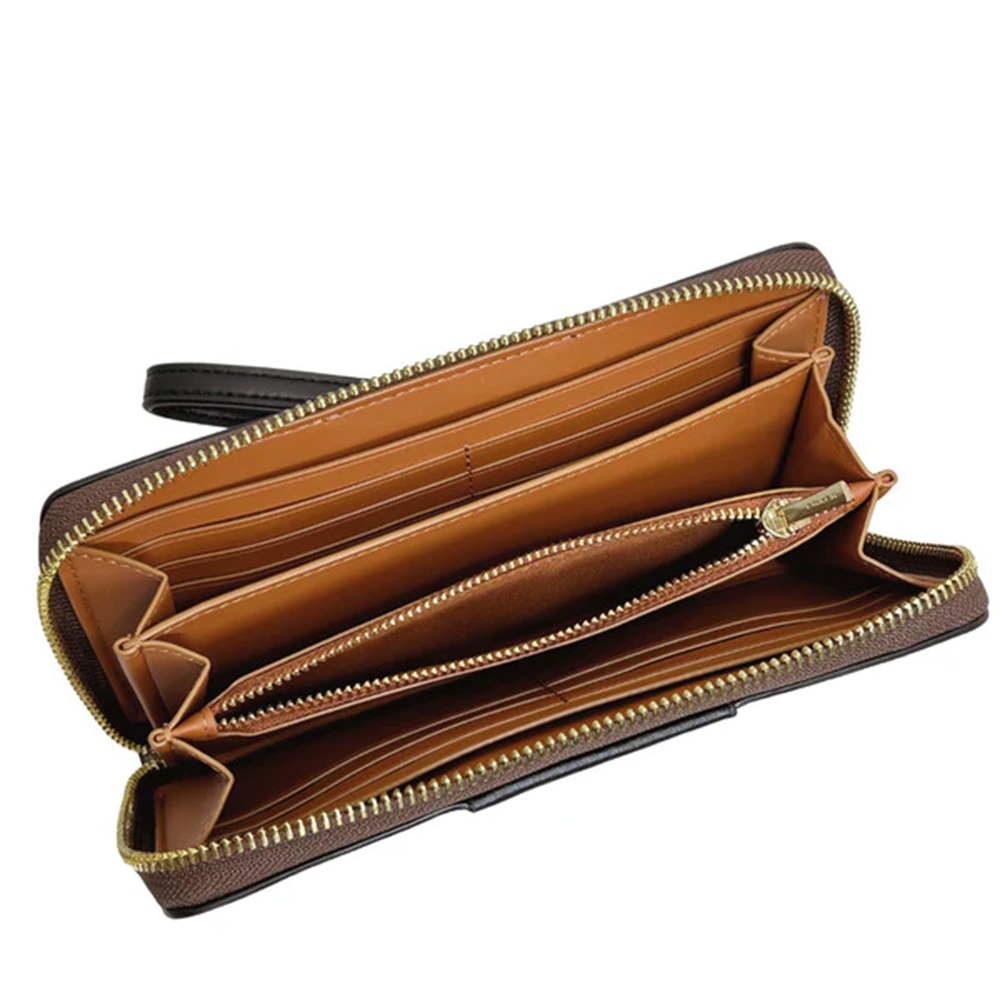 【COACH】條紋拼接皮革拉鍊皮夾-卡其黑-細節圖4