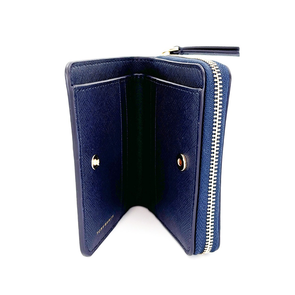 【TORY BURCH】防刮皮革拉鍊短夾-深藍-細節圖3
