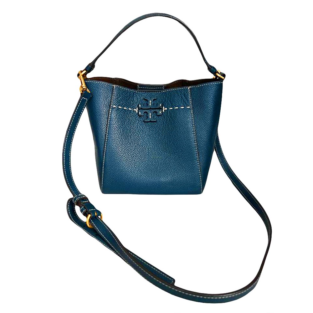 【TORY BURCH】荔枝紋皮革水桶包-藍綠-細節圖2