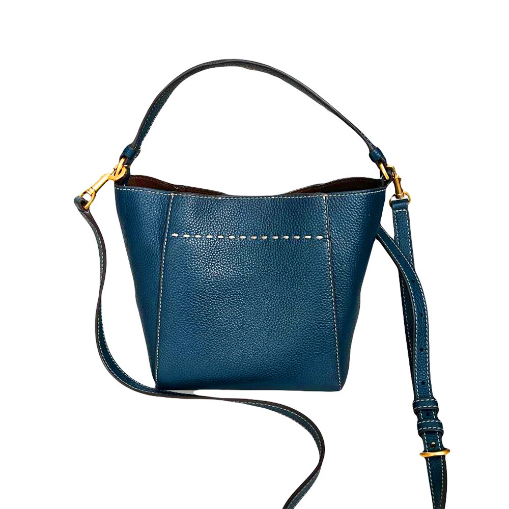 【TORY BURCH】荔枝紋皮革水桶包-藍綠-細節圖3