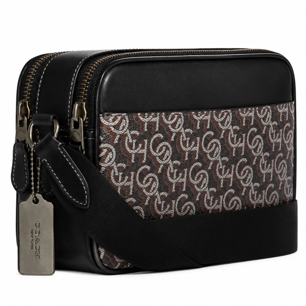 【COACH】印花LOGO經典實用雙層斜背包-咖啡黑-細節圖2