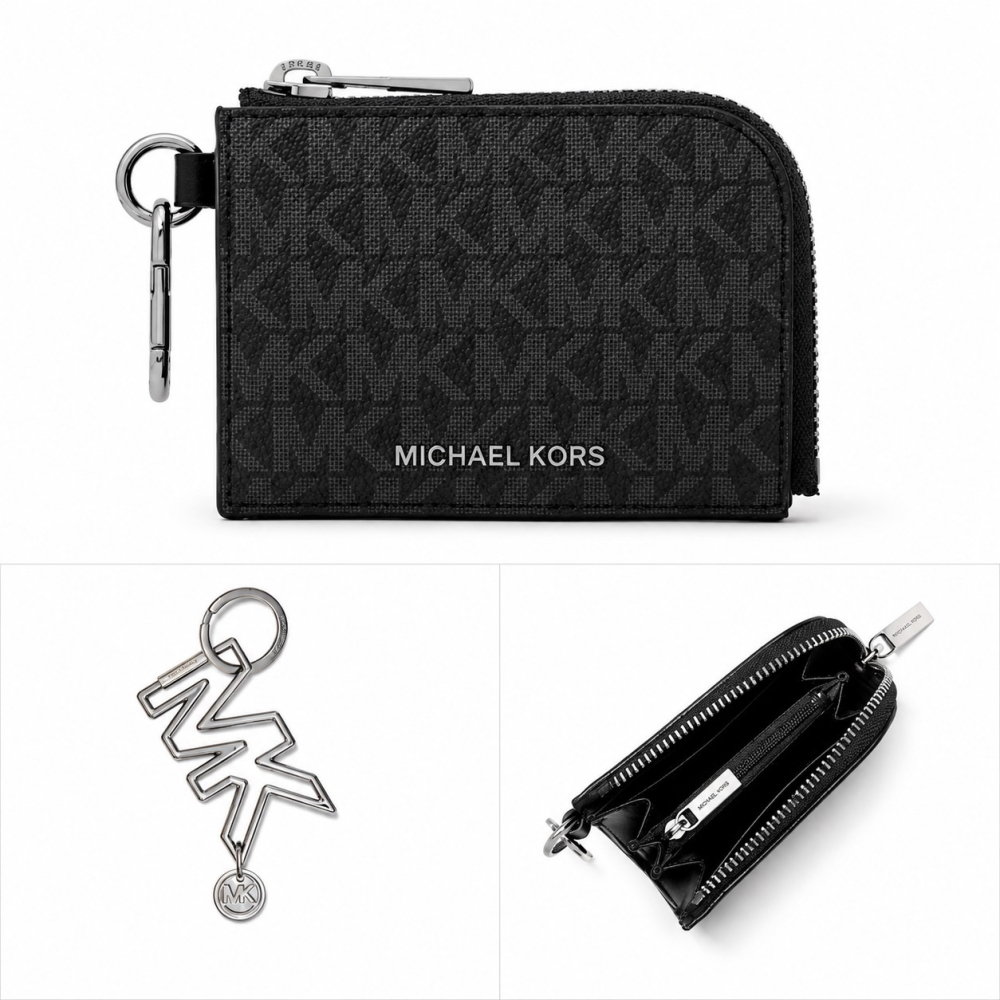 【MICHAEL KORS】經典老花零錢包+LOGO金屬吊飾禮盒-黑灰色-細節圖2