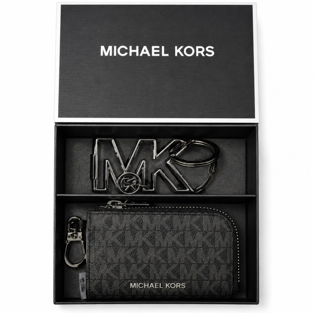 【MICHAEL KORS】經典老花零錢包+LOGO金屬吊飾禮盒-黑灰色-細節圖3