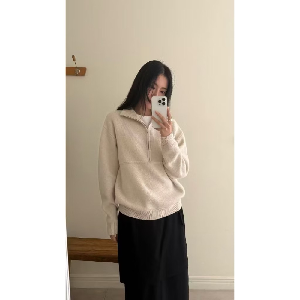 現貨米白 Amy Grace 拉鍊毛衣 羊毛 駱駝毛 韓國連線 衣服日記-細節圖2