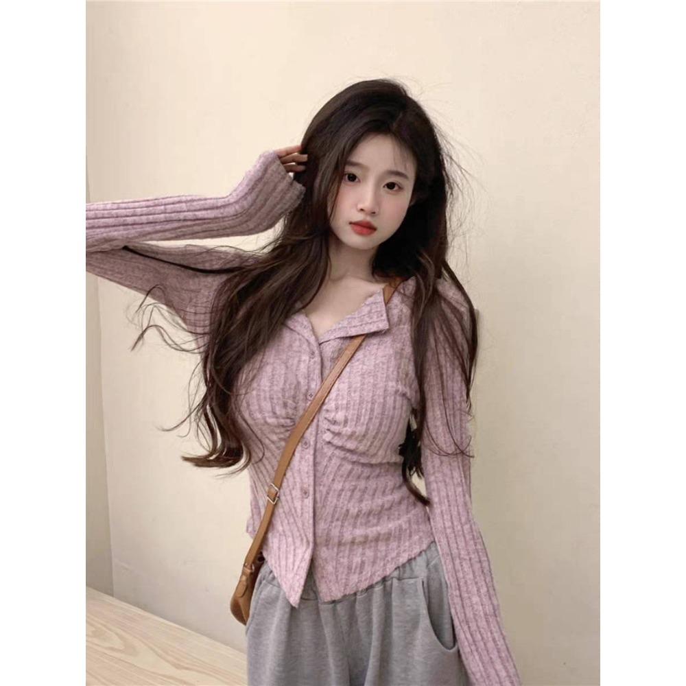 V領抓皺針織長袖上衣-細節圖5