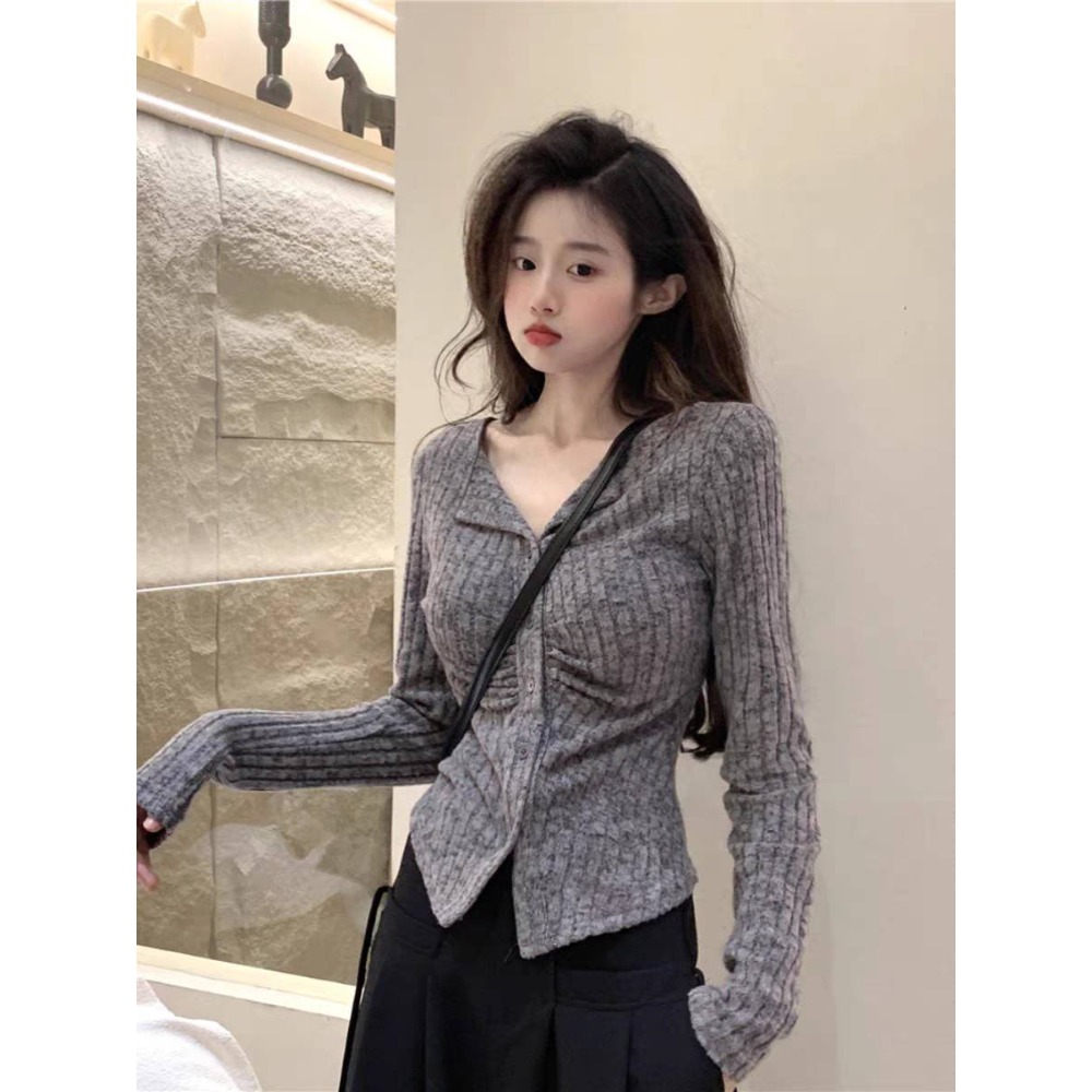 V領抓皺針織長袖上衣-細節圖7