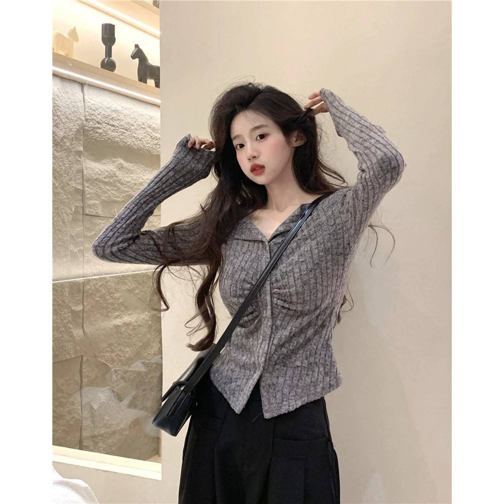 V領抓皺針織長袖上衣-細節圖8