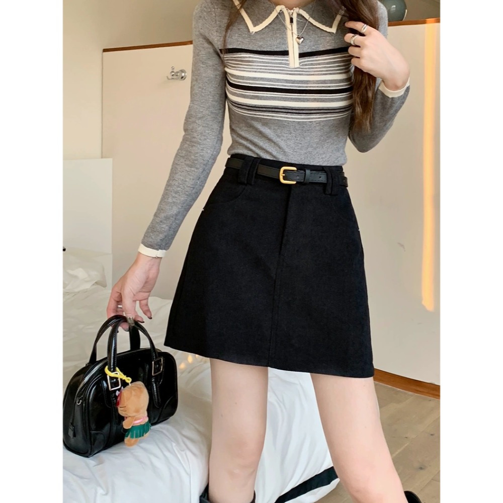 復古燈芯絨腰帶A字短裙-細節圖2