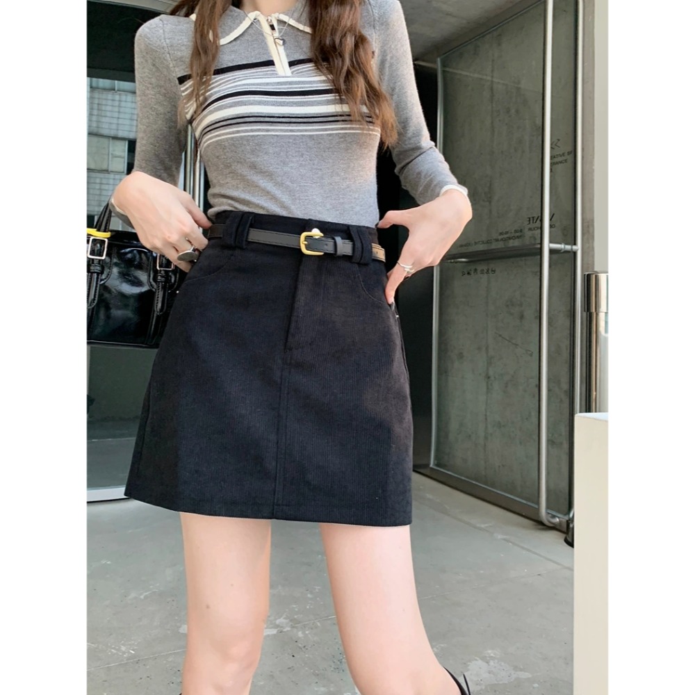 復古燈芯絨腰帶A字短裙-細節圖3