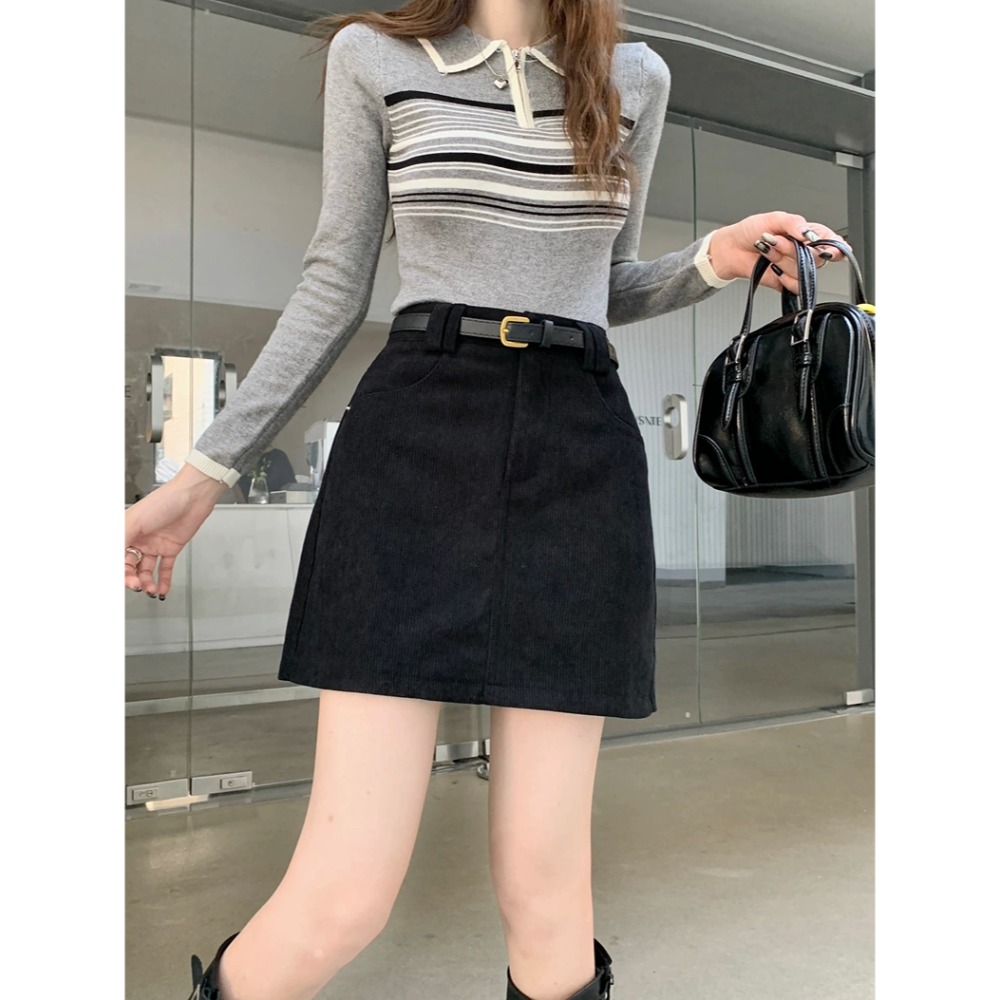 復古燈芯絨腰帶A字短裙-細節圖4
