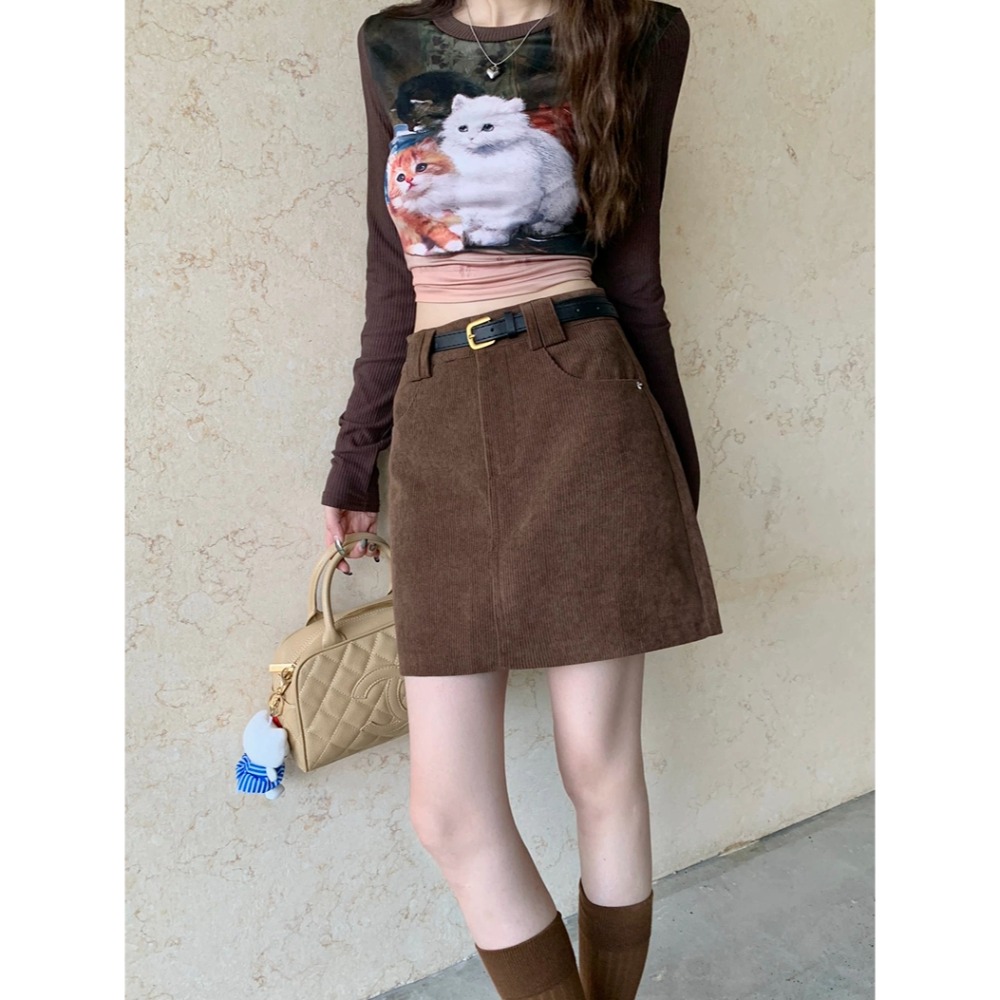 復古燈芯絨腰帶A字短裙-細節圖6