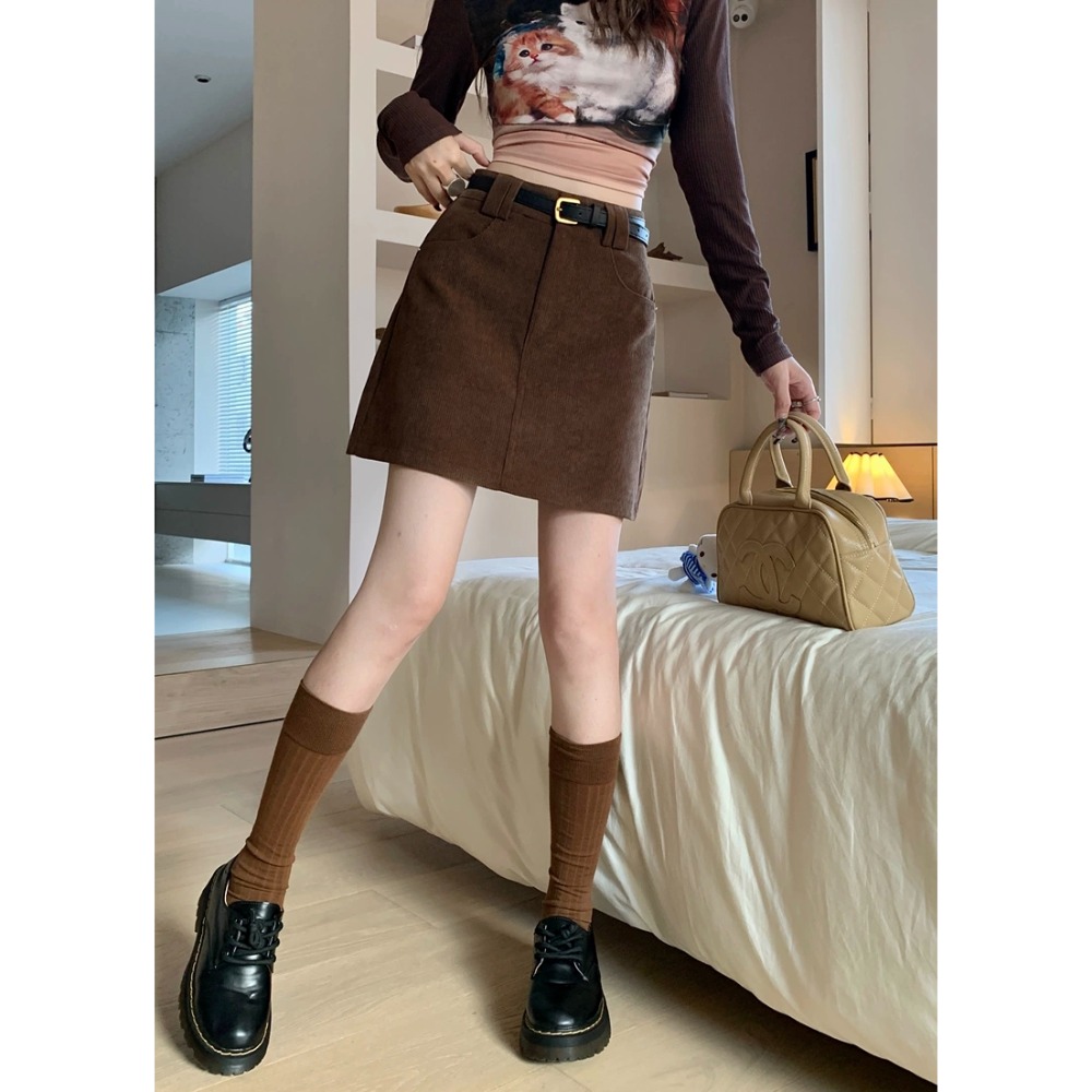 復古燈芯絨腰帶A字短裙-細節圖8