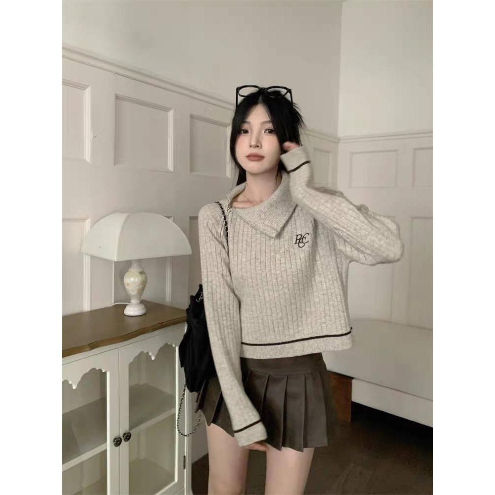 拉鍊高領字母刺繡針織短版上衣-細節圖3