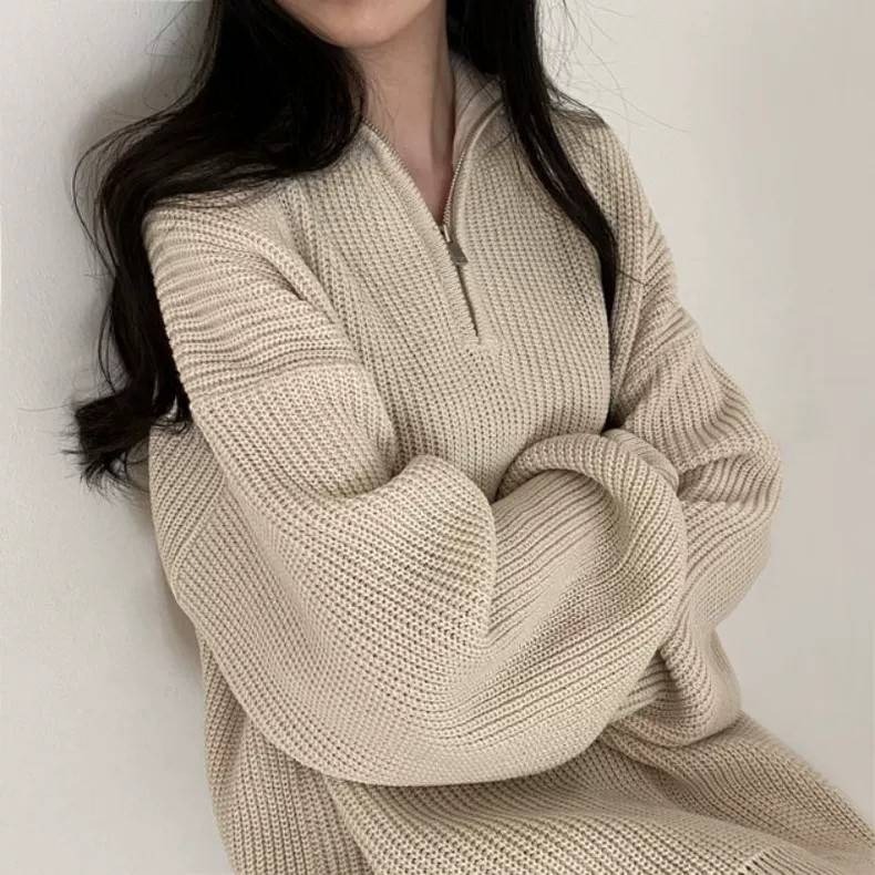 針織翻領拉鏈寬鬆毛衣-細節圖3