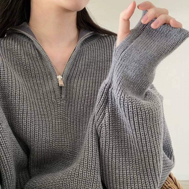 針織翻領拉鏈寬鬆毛衣-細節圖8