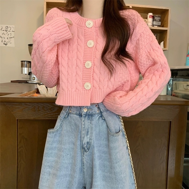 餅乾釦立體麻花編織短版針織上衣-細節圖4