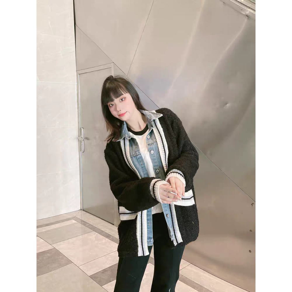 假兩件式拼接牛仔針織外套-細節圖2