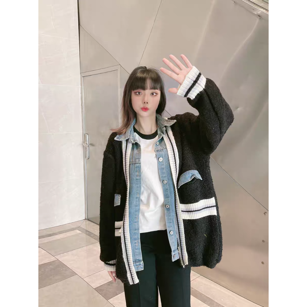 假兩件式拼接牛仔針織外套-細節圖3