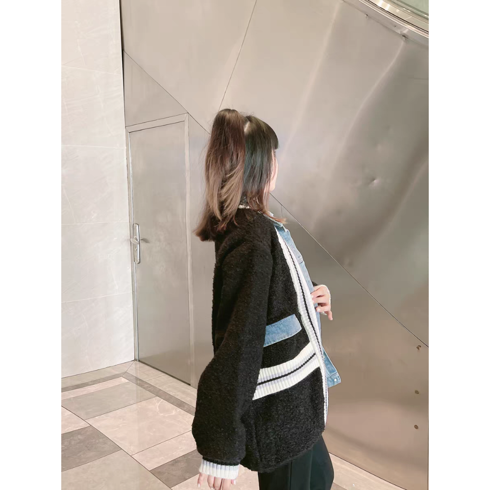 假兩件式拼接牛仔針織外套-細節圖4