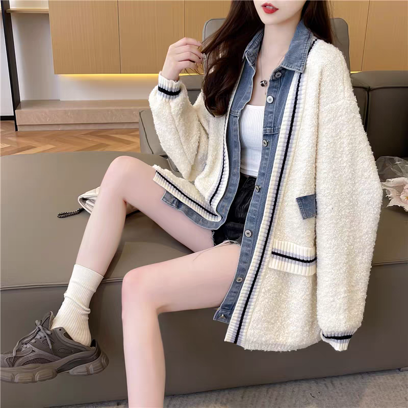 假兩件式拼接牛仔針織外套-細節圖6