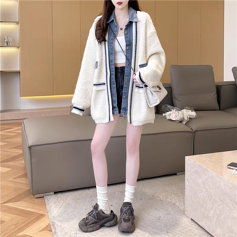 假兩件式拼接牛仔針織外套-細節圖7