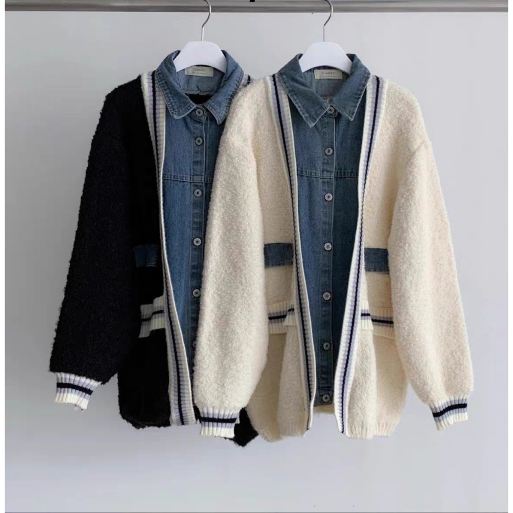 假兩件式拼接牛仔針織外套-細節圖9