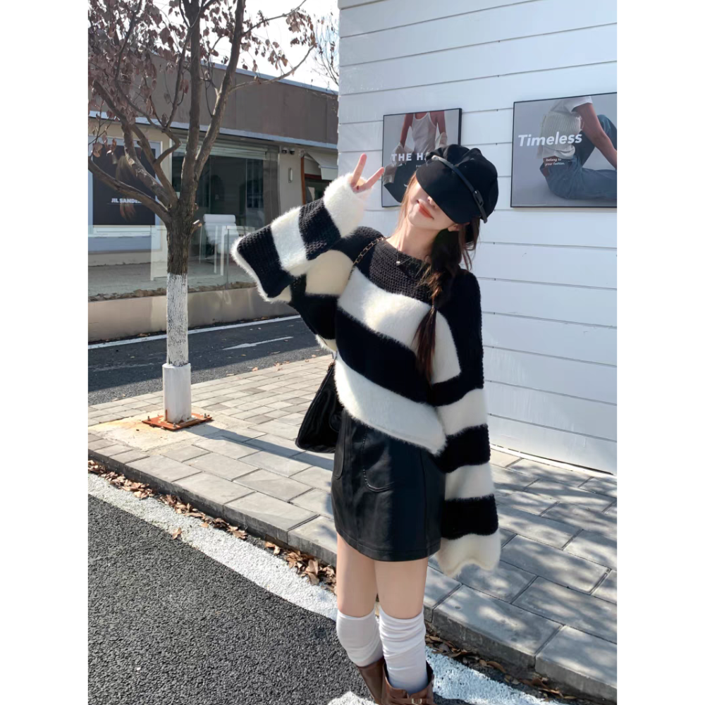 海馬拼接粗毛條紋針織上衣-細節圖6