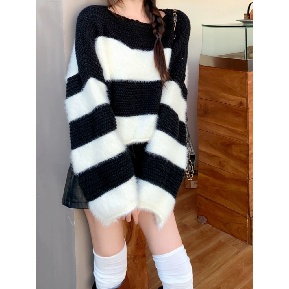 海馬拼接粗毛條紋針織上衣-細節圖7