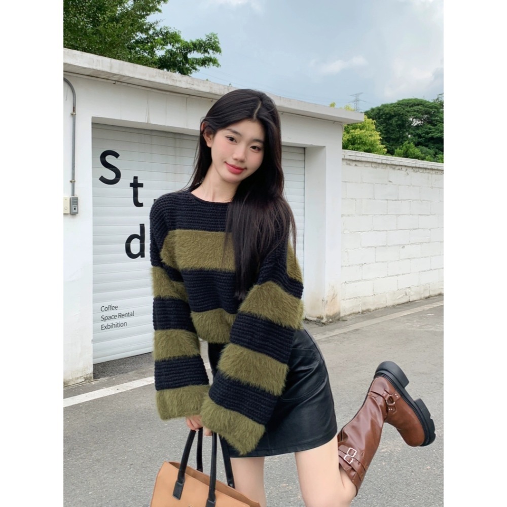 海馬拼接粗毛條紋針織上衣-細節圖9