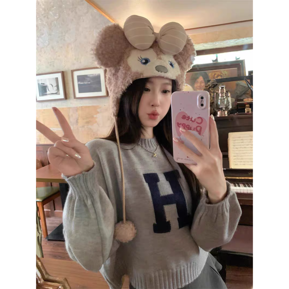 大H字母刺繡短版針織毛衣-細節圖2