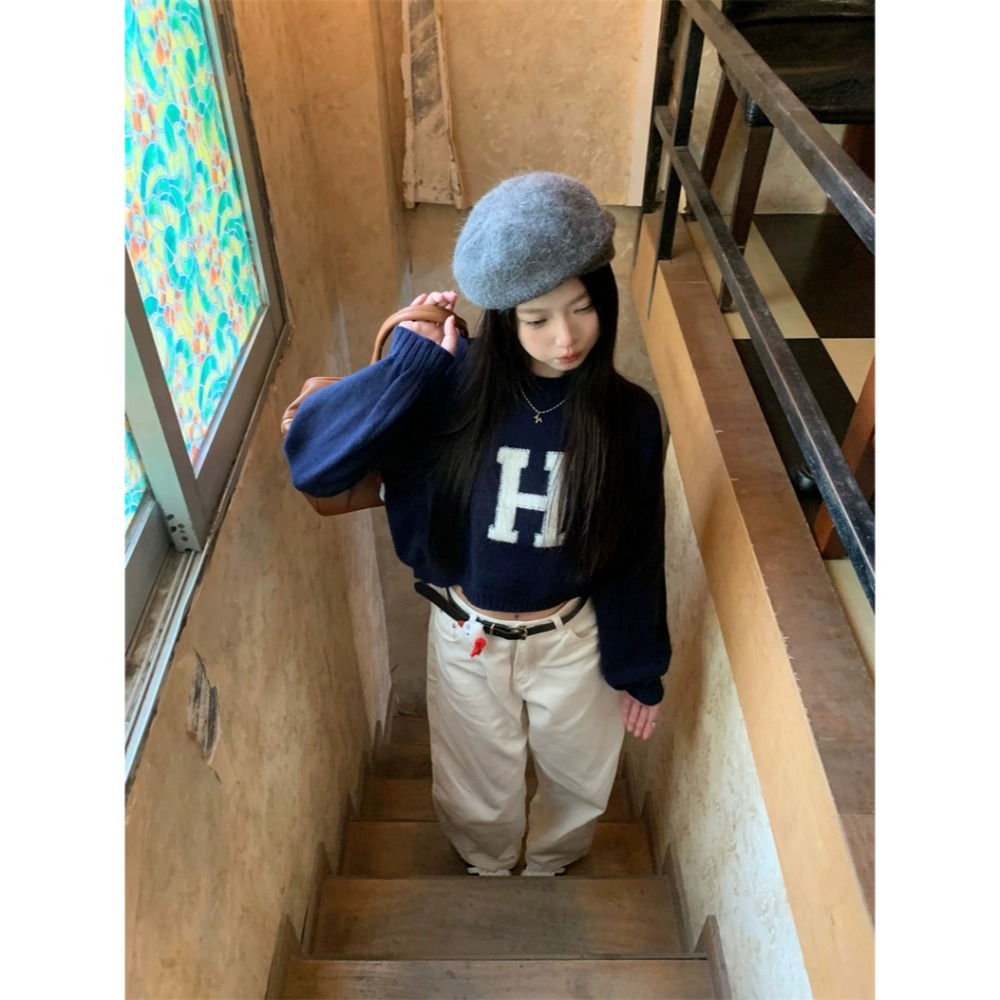 大H字母刺繡短版針織毛衣-細節圖6