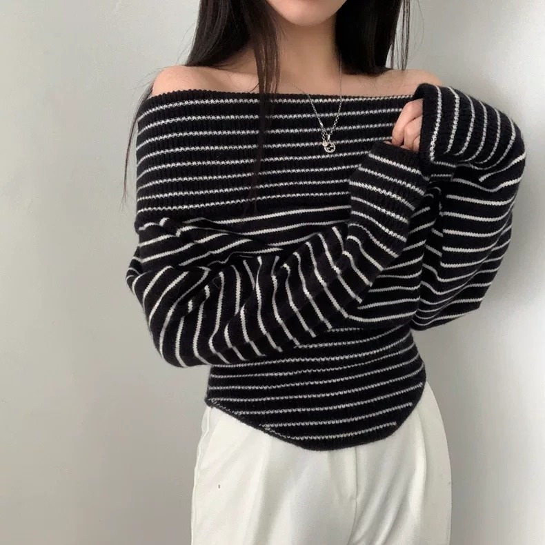 一字領露肩條紋針上衣-細節圖2