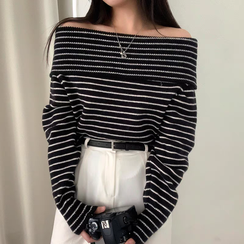 一字領露肩條紋針上衣-細節圖3