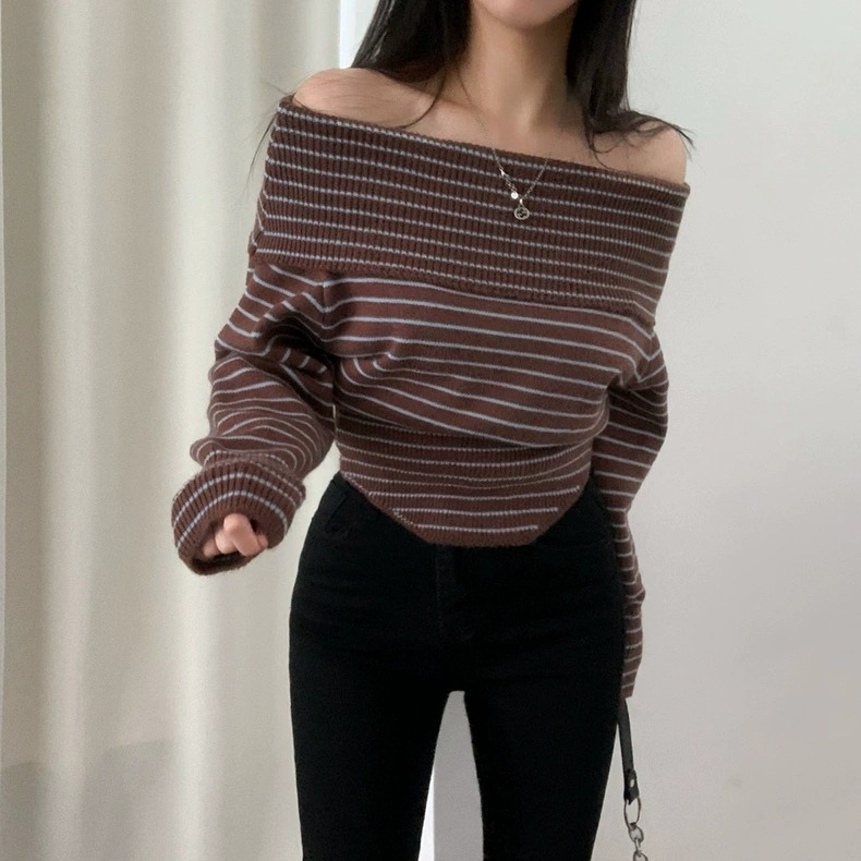 一字領露肩條紋針上衣-細節圖6