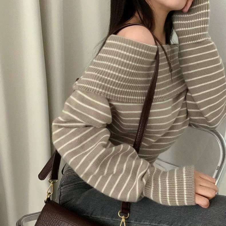 一字領露肩條紋針上衣-細節圖9