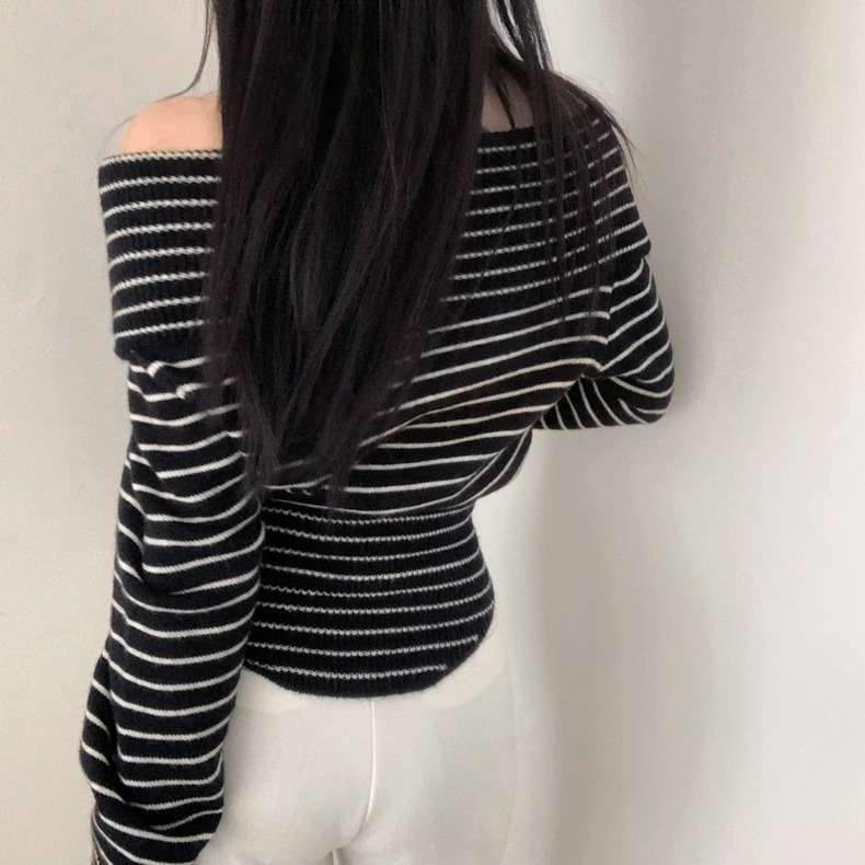 一字領露肩條紋針上衣-細節圖10