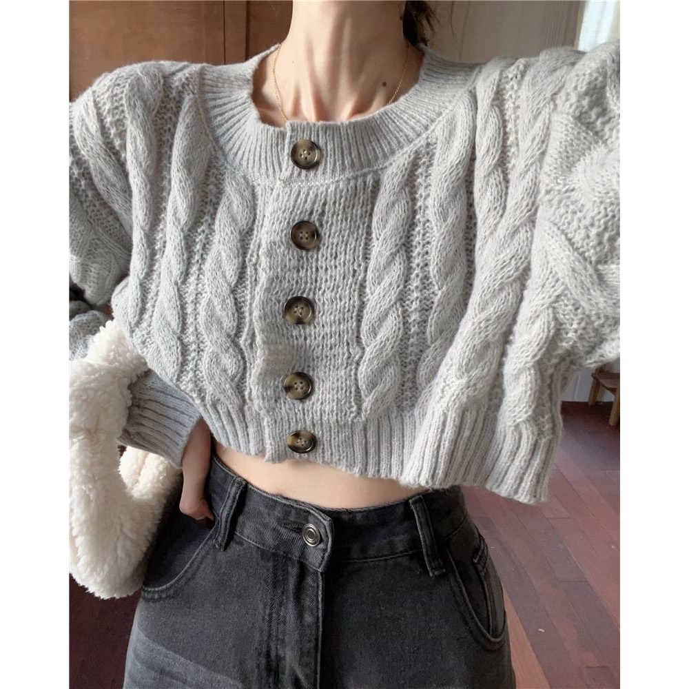 排扣麻花短版針織毛衣-細節圖2
