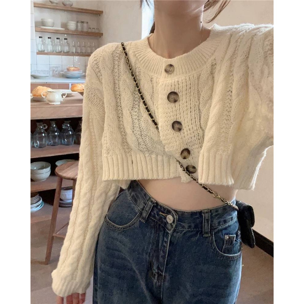 排扣麻花短版針織毛衣-細節圖4