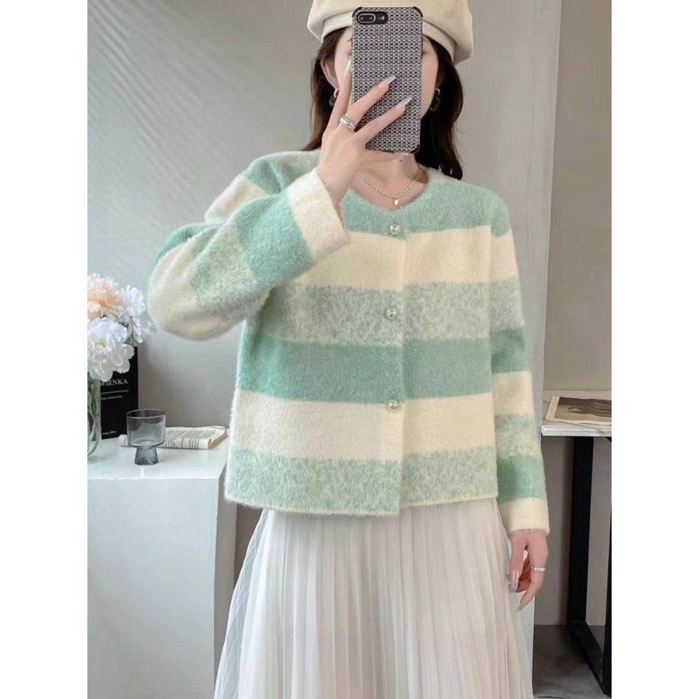 水貂毛漸層條紋針織外套-細節圖3