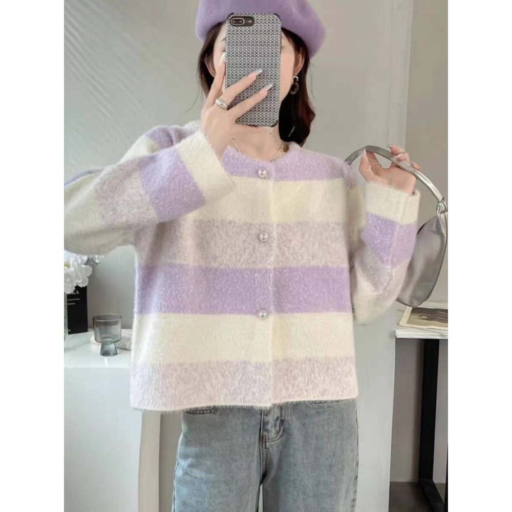 水貂毛漸層條紋針織外套-細節圖5