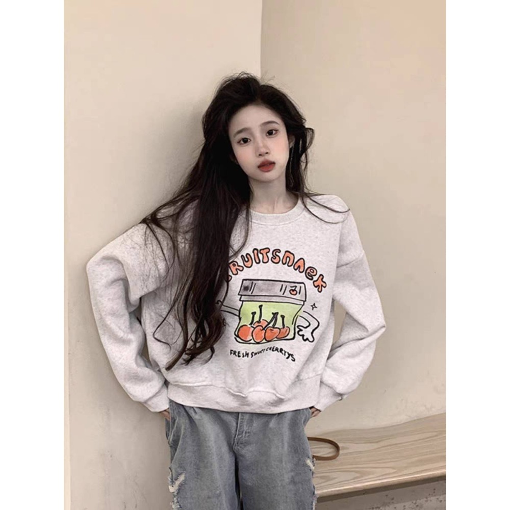 櫻桃印花加絨寬鬆圓領上衣-細節圖2