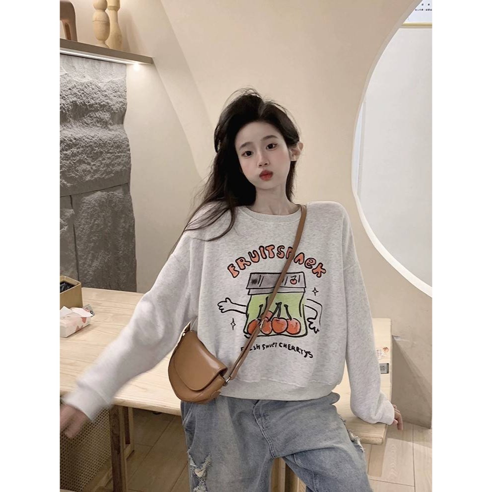 櫻桃印花加絨寬鬆圓領上衣-細節圖3