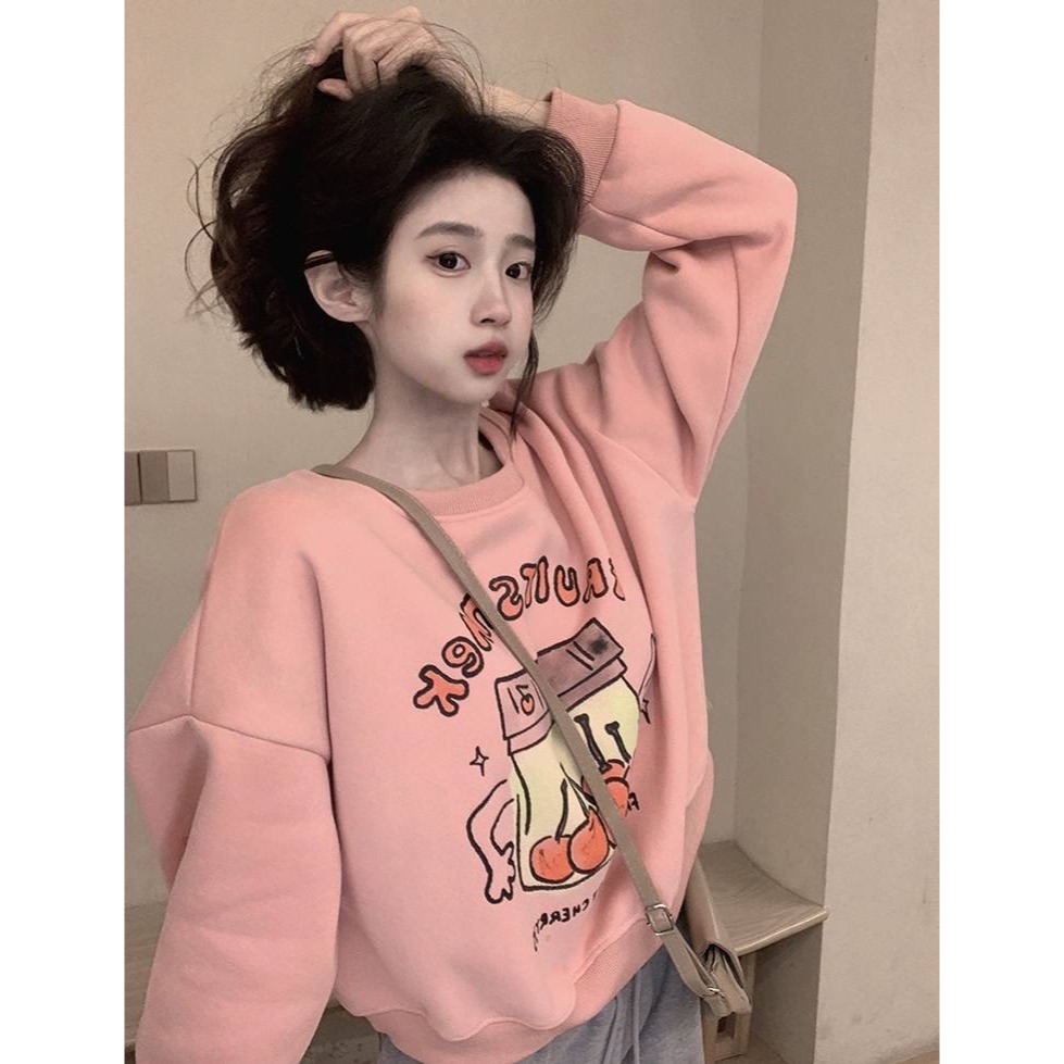 櫻桃印花加絨寬鬆圓領上衣-細節圖5